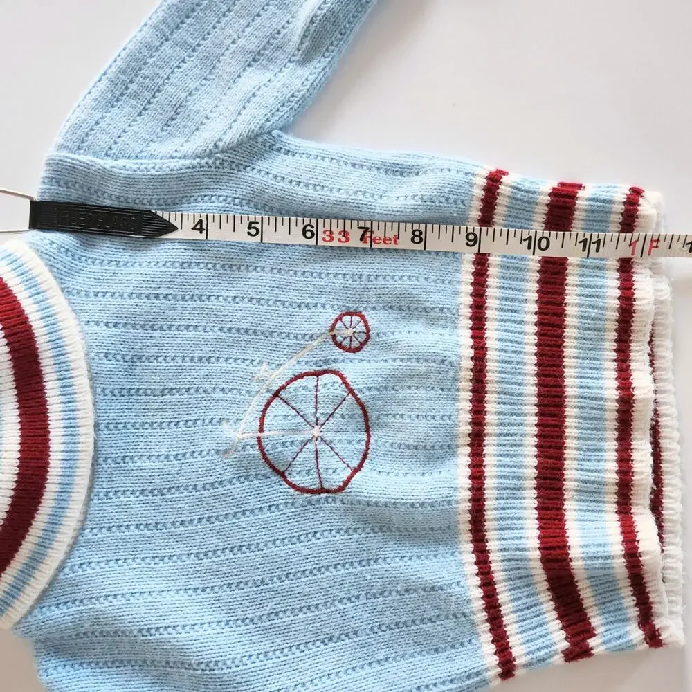 Vintage 1960s Doe Spun Toddler Sweater Blue w/ Penny Farthing Embroidery Size 2T